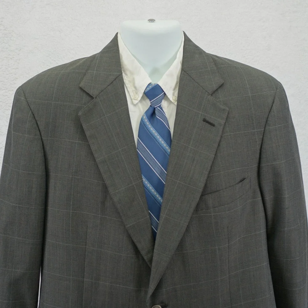 DAMAGED Jos A Bank Wool Green Plaid 2 Piece Suit 40R 35 / 31 W/ Orange Red Wind